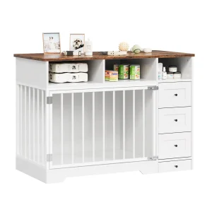 48 Inch Large Farmhouse Wooden Dog Crate Furniture With 6 Storage Drawers Feeding Station Heavy Duty Dog Kennel End Table
