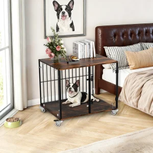 Tempered Glass Dog Crate Cage & Dog Cage Side Table Transparent Dog Cage with Wheels Indoor Dog End Table Crate Furniture Kennel